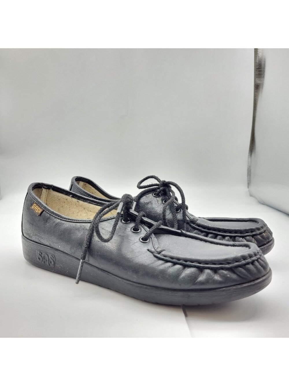 SAS Siesta Women's Comfort Shoes Black Leather Lace Up Loafer Moc Sz 9 S Slim